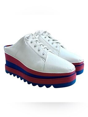 STELLA McCARTNEY White Vegan Leather Red & Blue Platform Mules